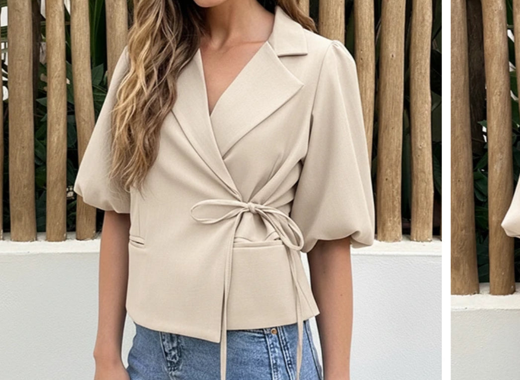 short sleeve wrap blazer | beige