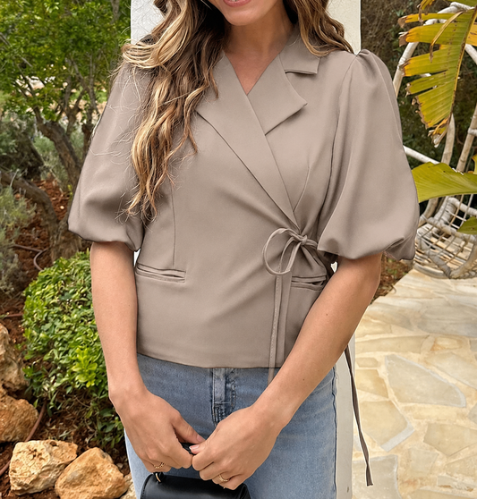 short sleeve wrap blazer | taupe