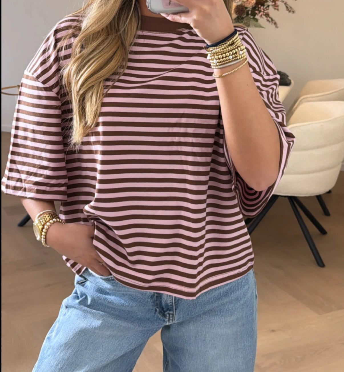 do striped tee | licht roze / bruin